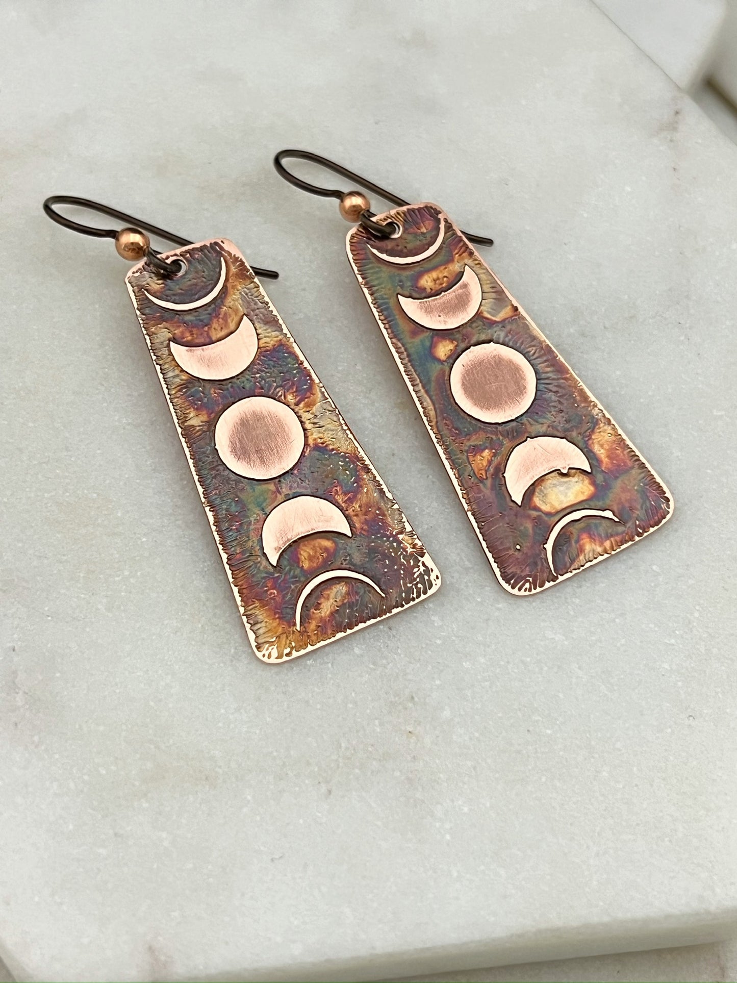 Acid etched copper moon phase earrings