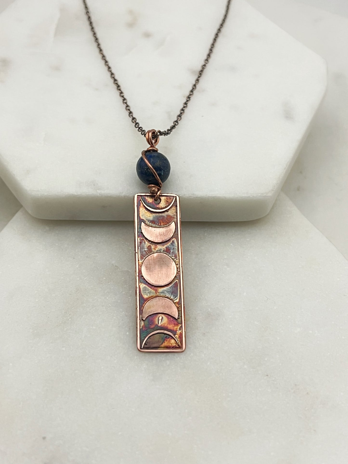 Moon phase acid etched copper necklace with lapis gemstone