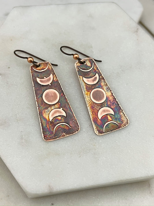 Acid etched copper moon phase earrings