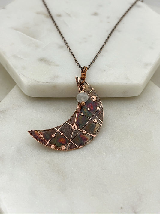 Acid etched copper crescent necklace with moonstone gemstone