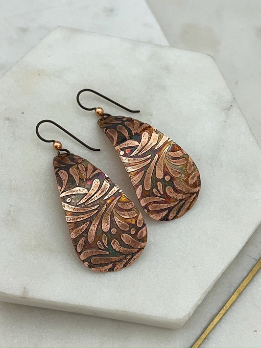 Large acid etched copper teardrop earrings