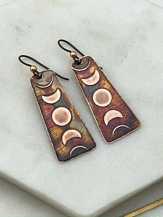 Acid etched copper moon phase earrings