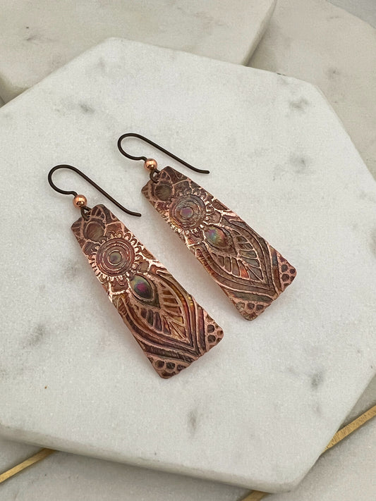 Acid etched copper irregular rectangle earrings