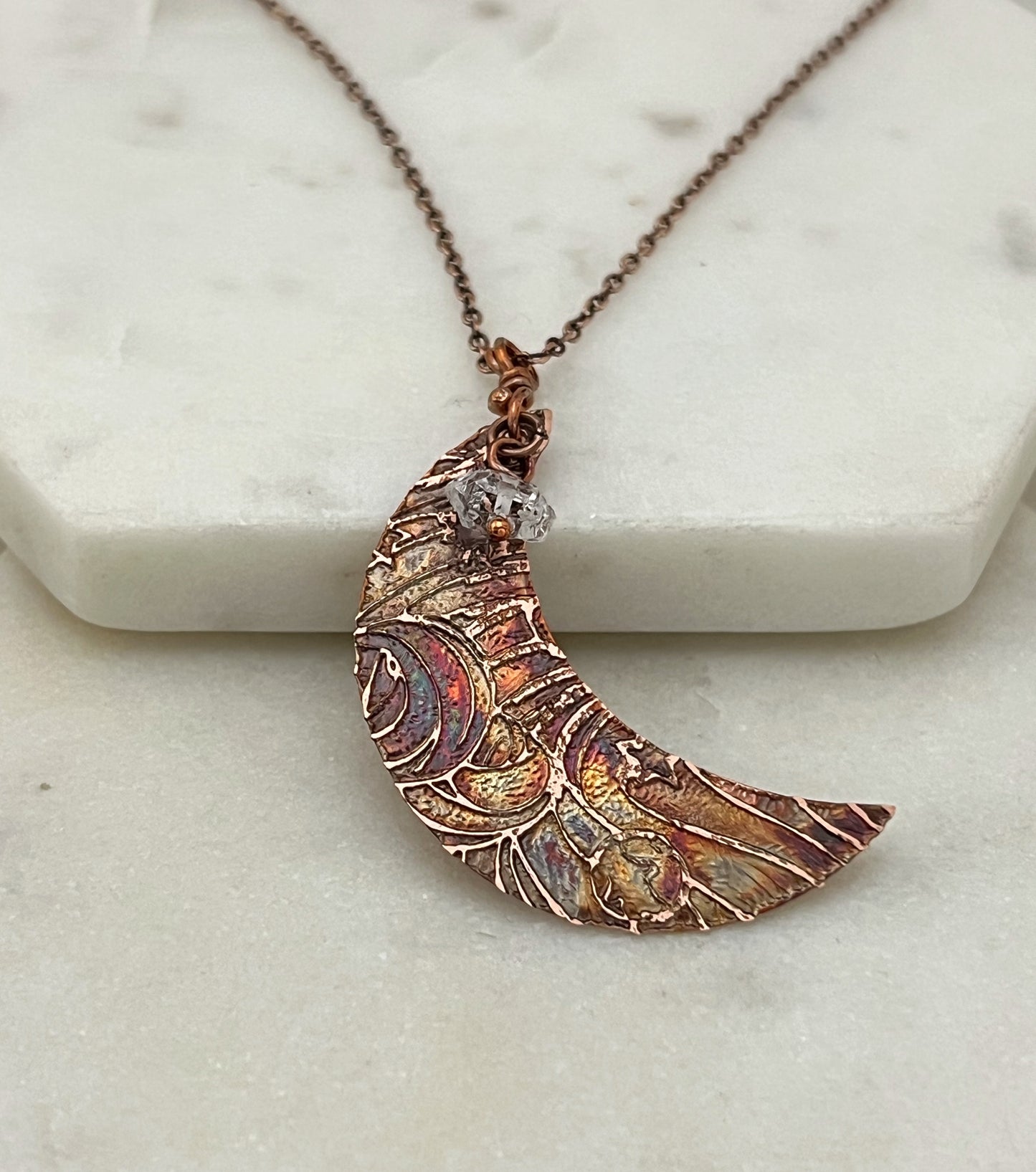 Acid etched copper crescent necklace with Herkimer Diamond gemstone