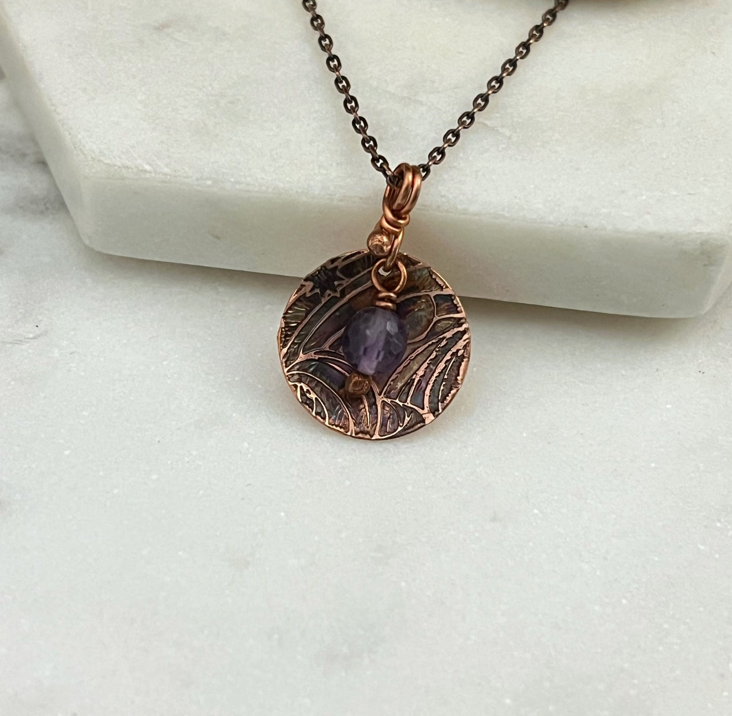 Acid etched copper necklace with amethyst gemstone