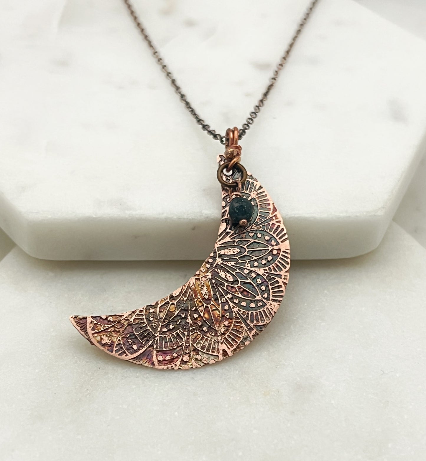 Acid etched copper crescent necklace with India Agate gemstone