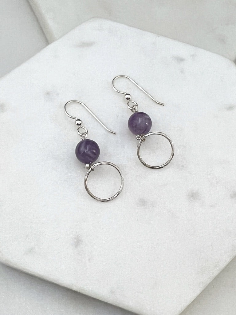 Sterling silver hoop earrings with amethyst gemstones