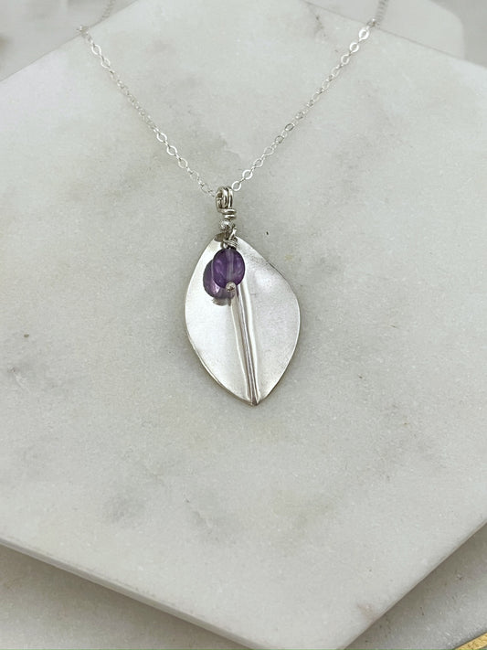 Forged sterling silver leaf necklace with amethyst gemstone