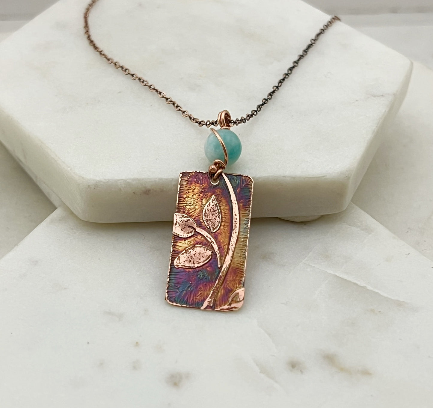 Acid etched copper leaf necklace with amazonite gemstone