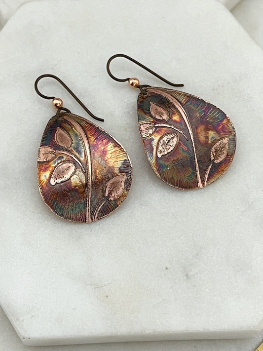 Acid etched copper medium teardrop earrings