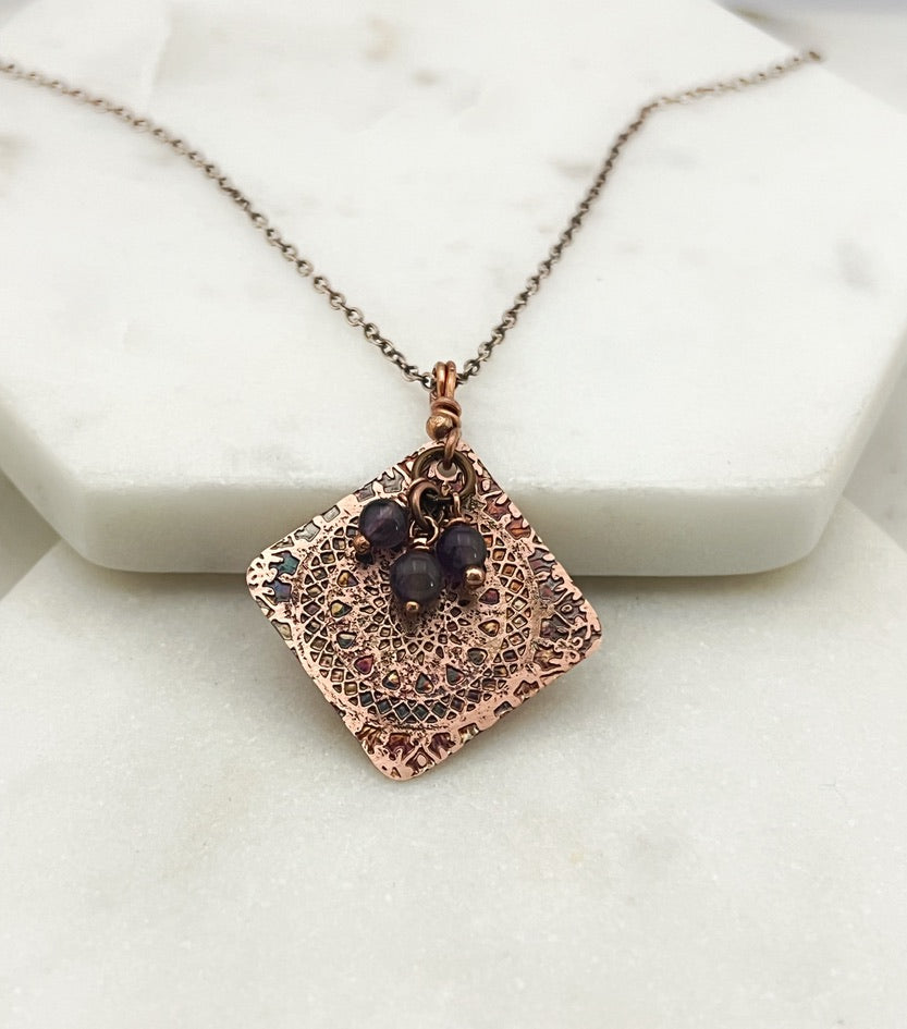 Acid etched copper necklace with amethyst gemstones