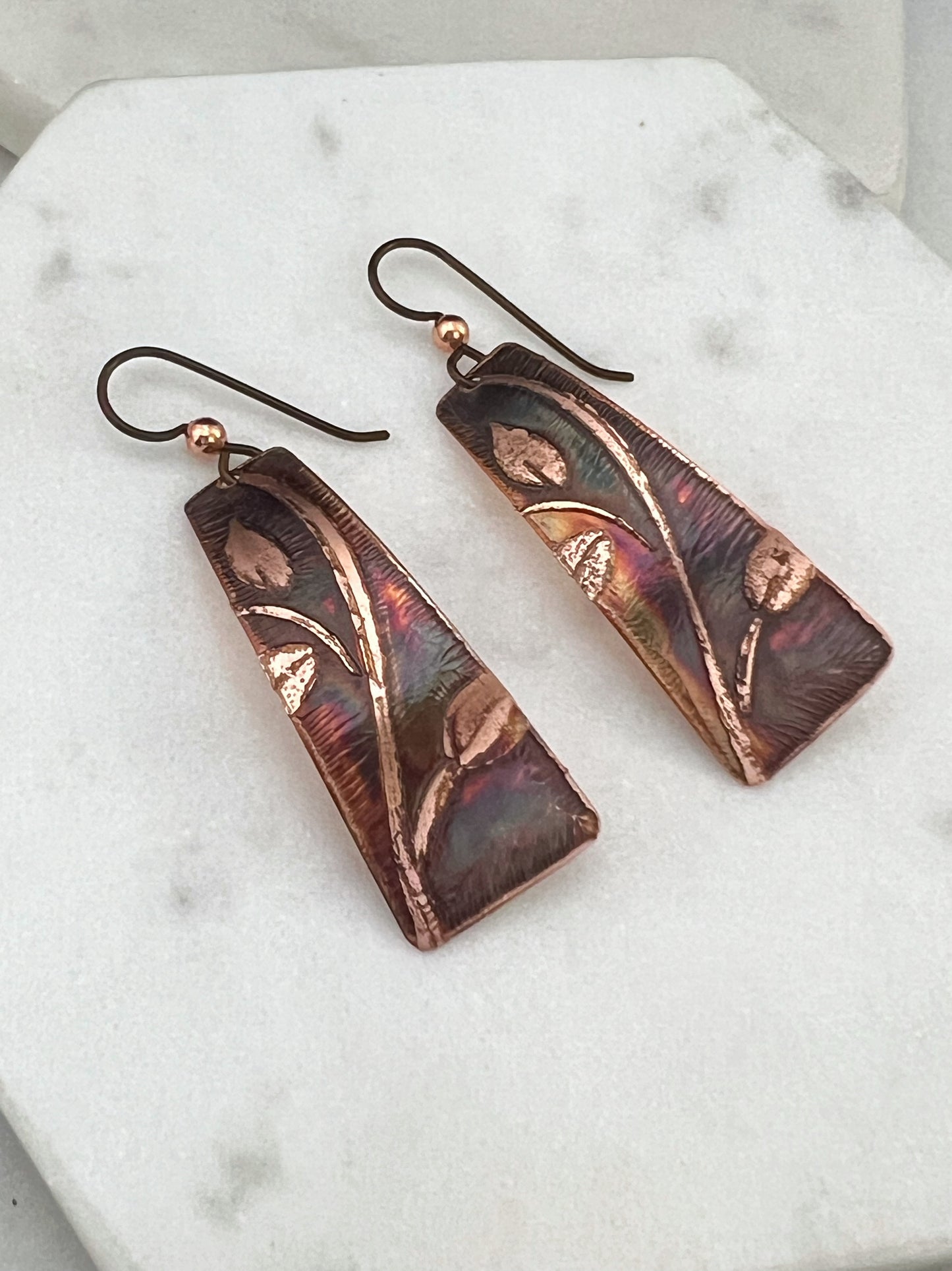 Acid etched copper irregular rectangle earrings