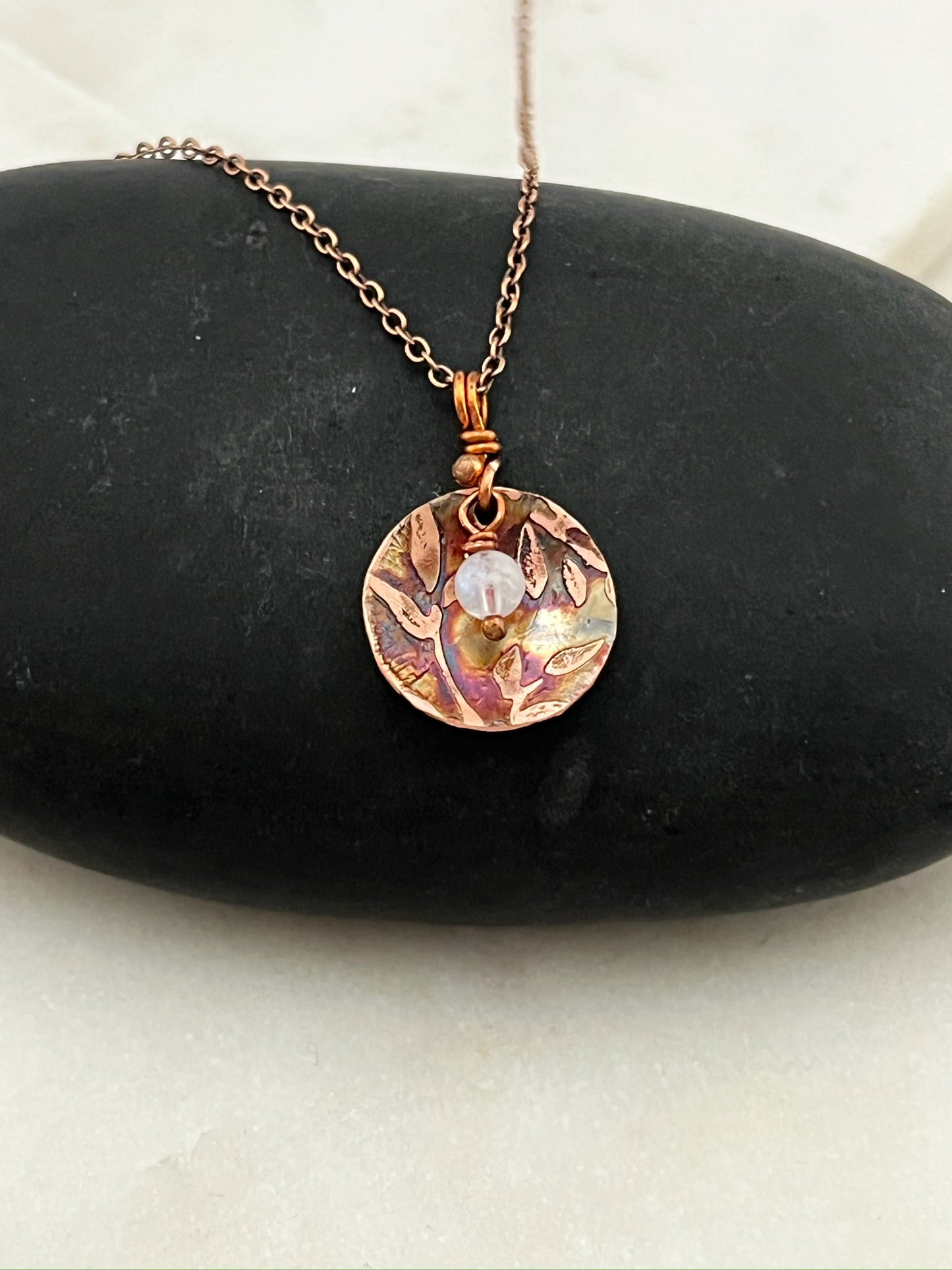 Acid etched copper necklace with moonstone gemstone