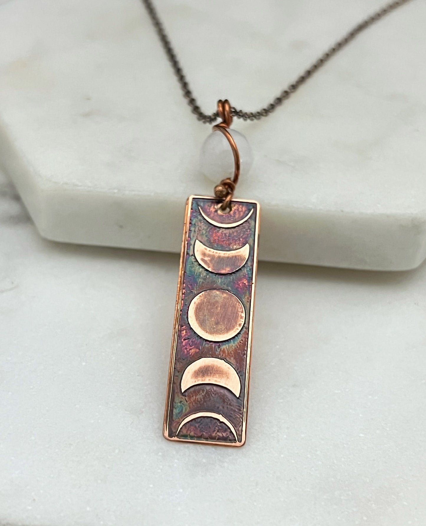 Moon phase acid etched copper necklace with moonstone gemstone