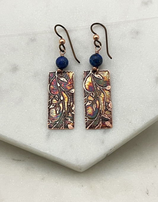 Acid etched copper earrings with lapis gemstones