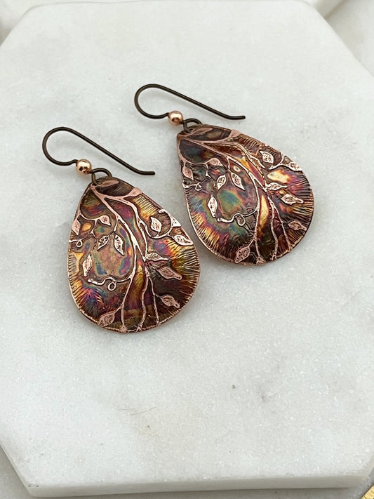 Acid etched copper medium teardrop earrings