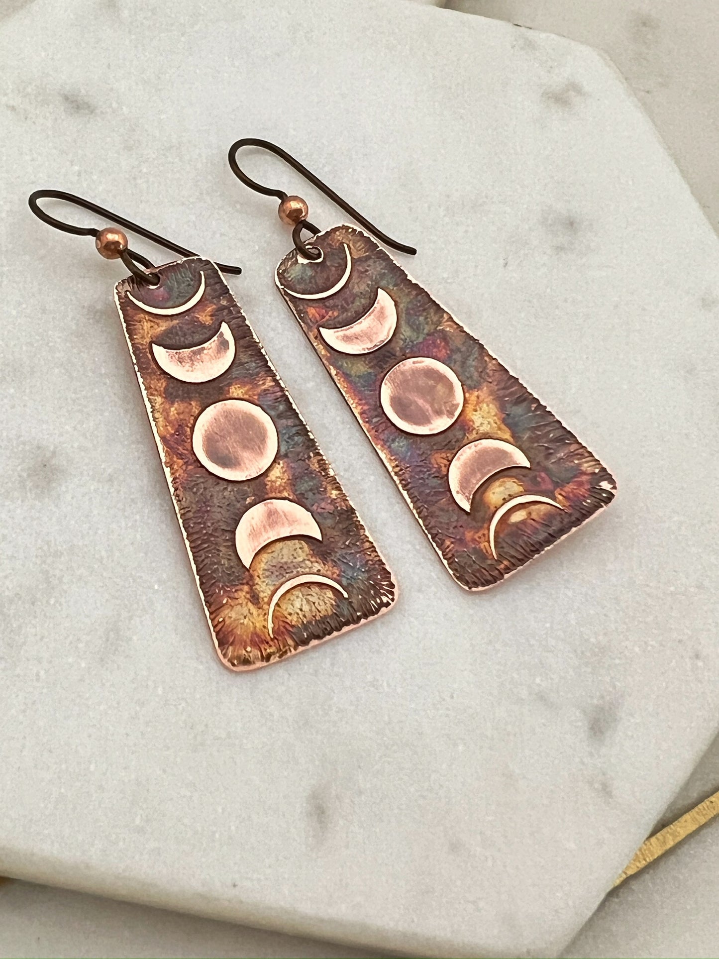 Acid etched copper moon phase earrings