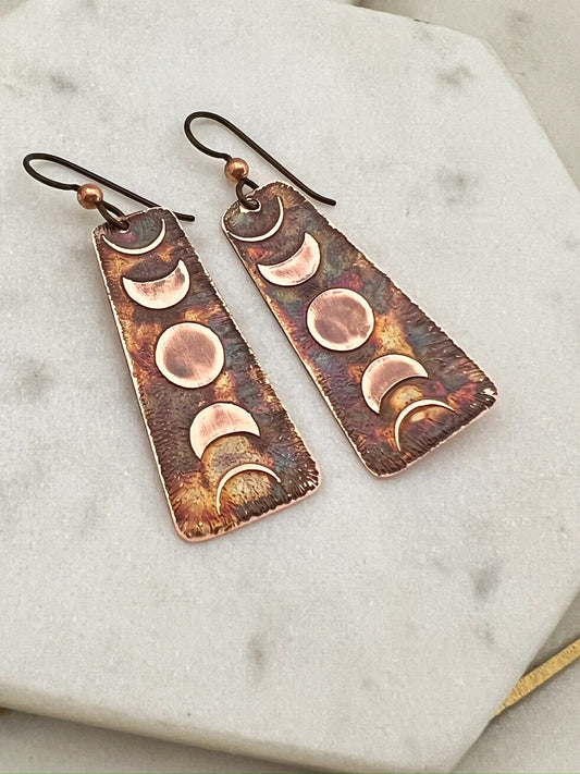 Acid etched copper moon phase earrings