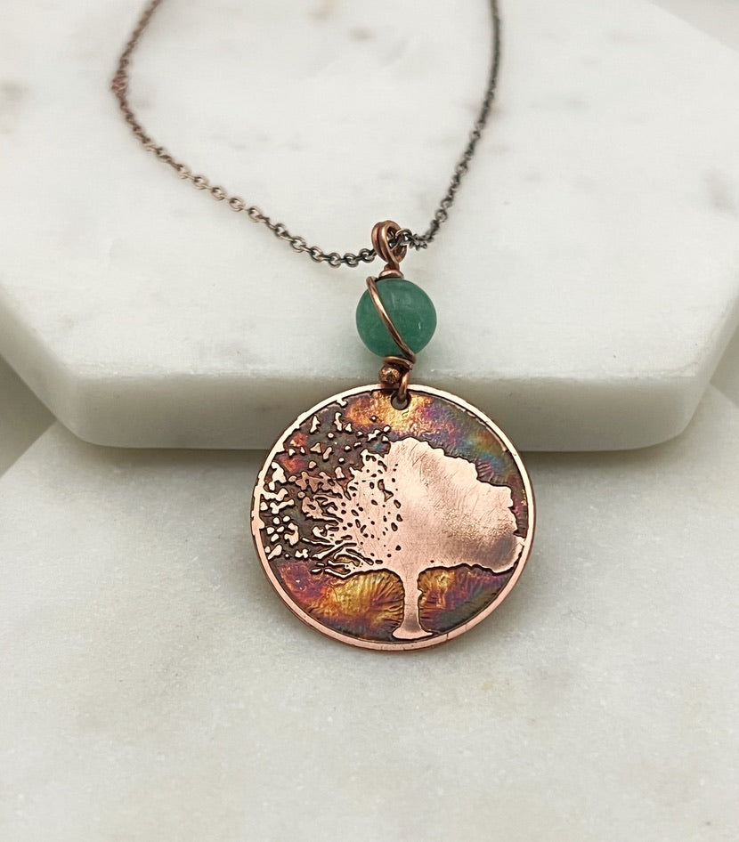 Acid etched copper blowing tree necklace with aventurine