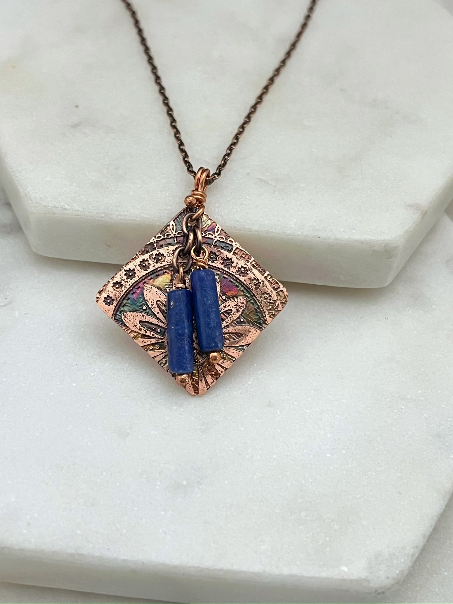 Acid etched copper necklace with lapis gemstones