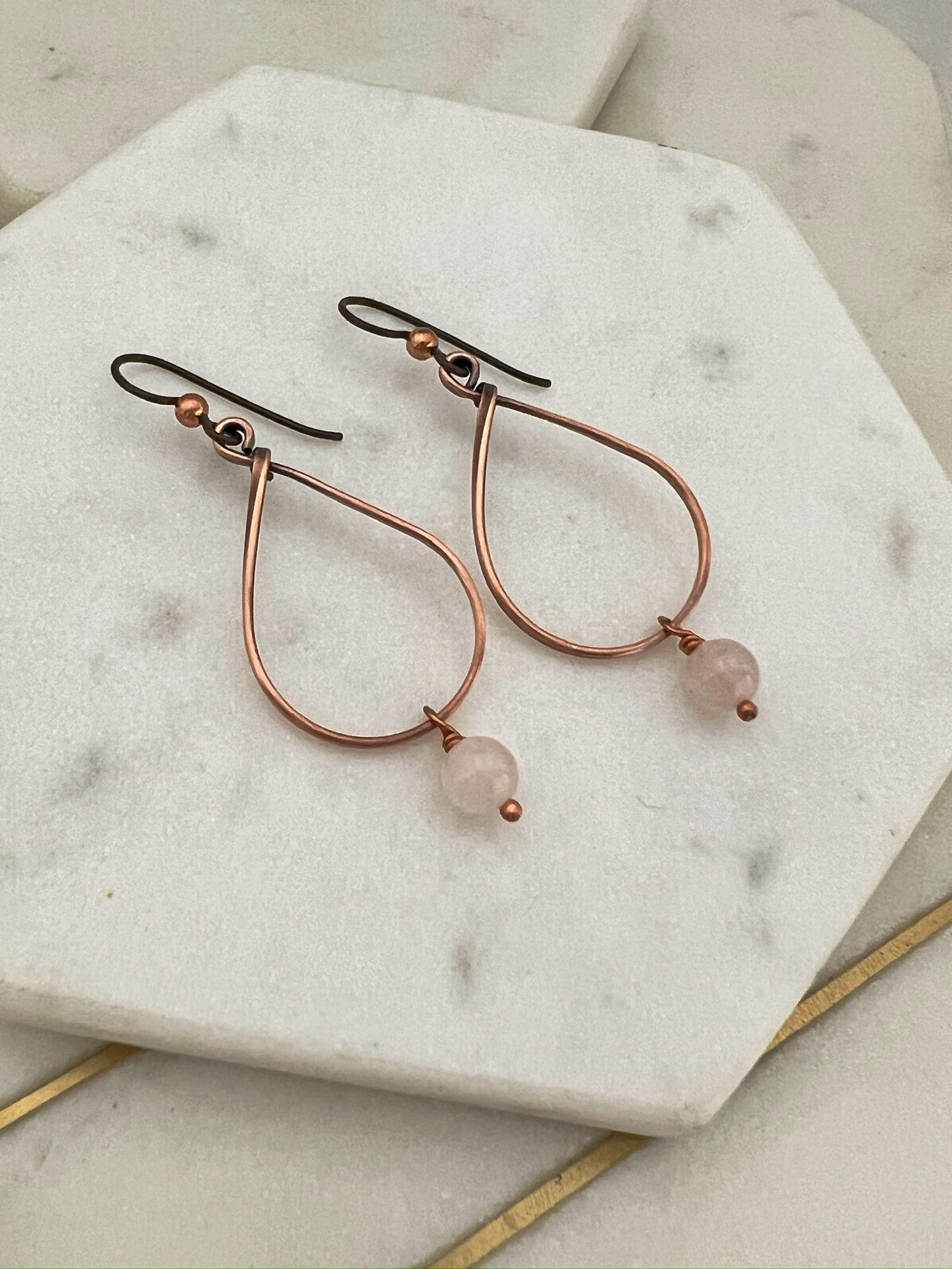 Copper teardrop hoop earrings with rose quartz