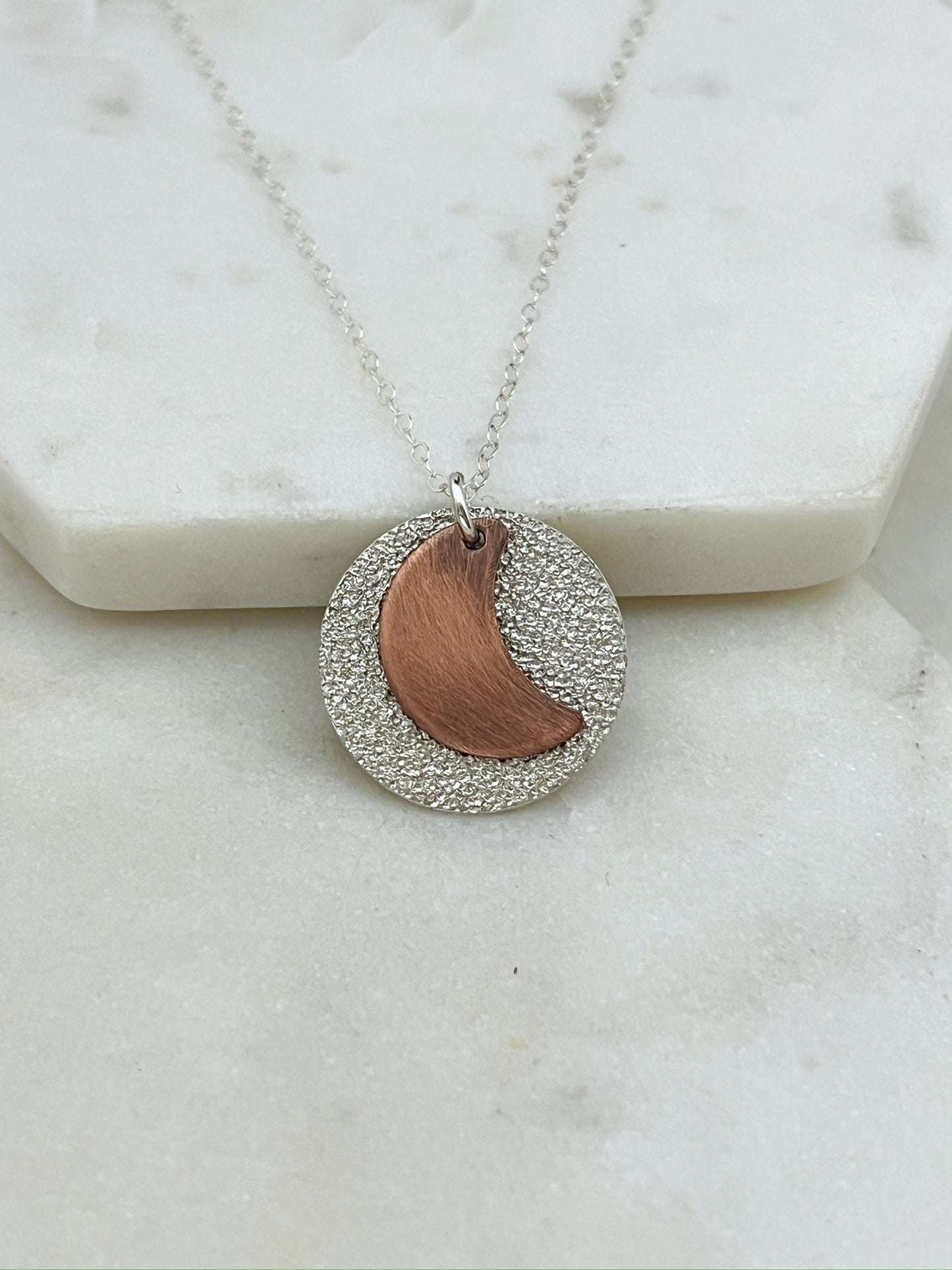 Mixed metal sterling silver and copper moon necklace