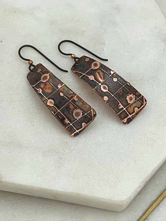 Acid etched copper irregular rectangle earrings