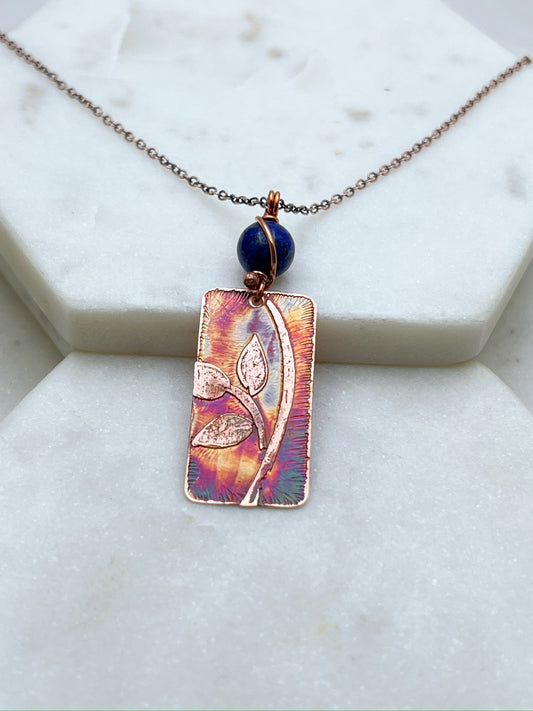 Acid etched copper leaf necklace with lapis gemstone