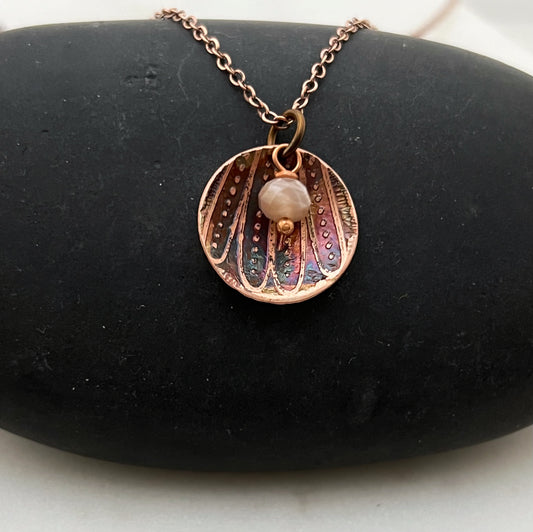 Acid etched copper necklace with peach moonstone gemstone