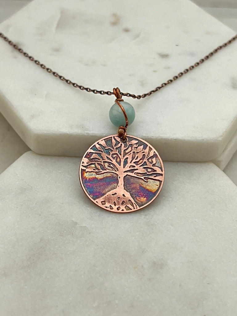 Copper and amazonite rooted tree necklace