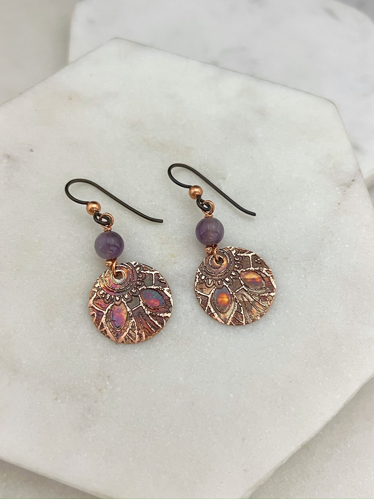 Acid etched copper earrings with amethyst gemstones