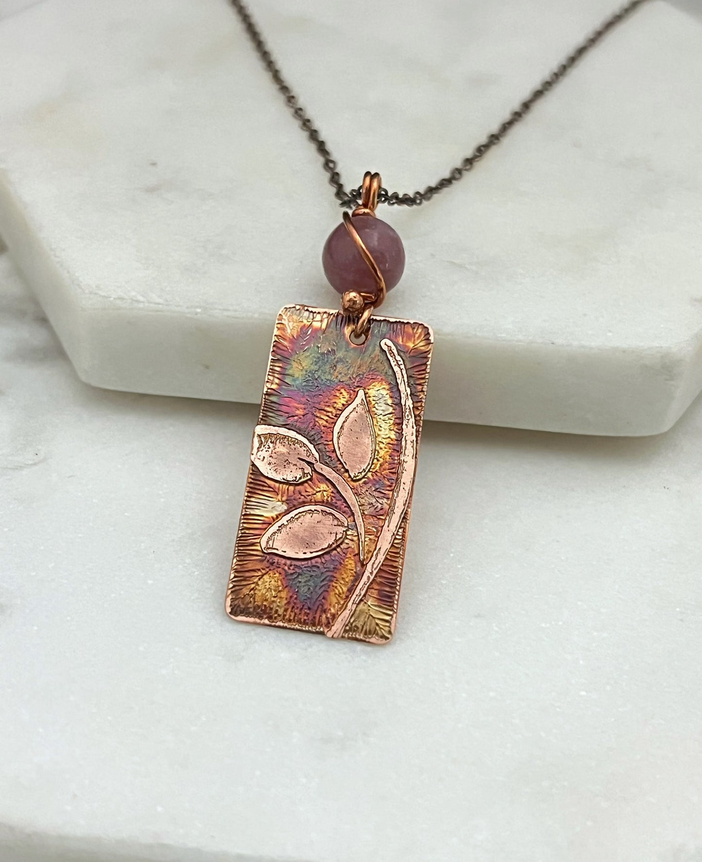 Acid etched copper leaf necklace with lepidolite gemstone