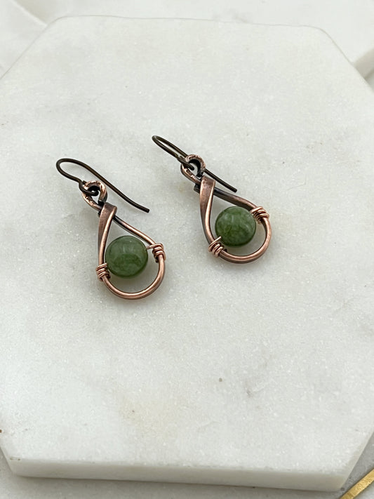 Copper oval hoops with jade gemstones