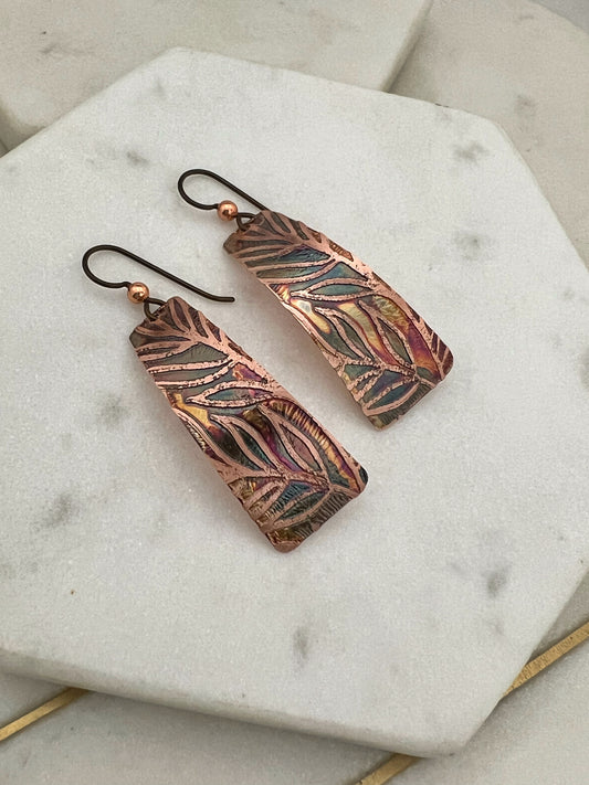 Acid etched copper irregular rectangle earrings