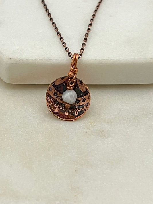 Acid etched copper necklace with moonstone gemstone