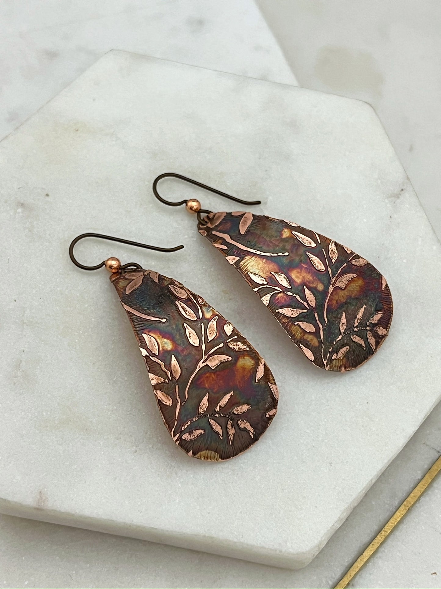 Large acid etched copper teardrop earrings