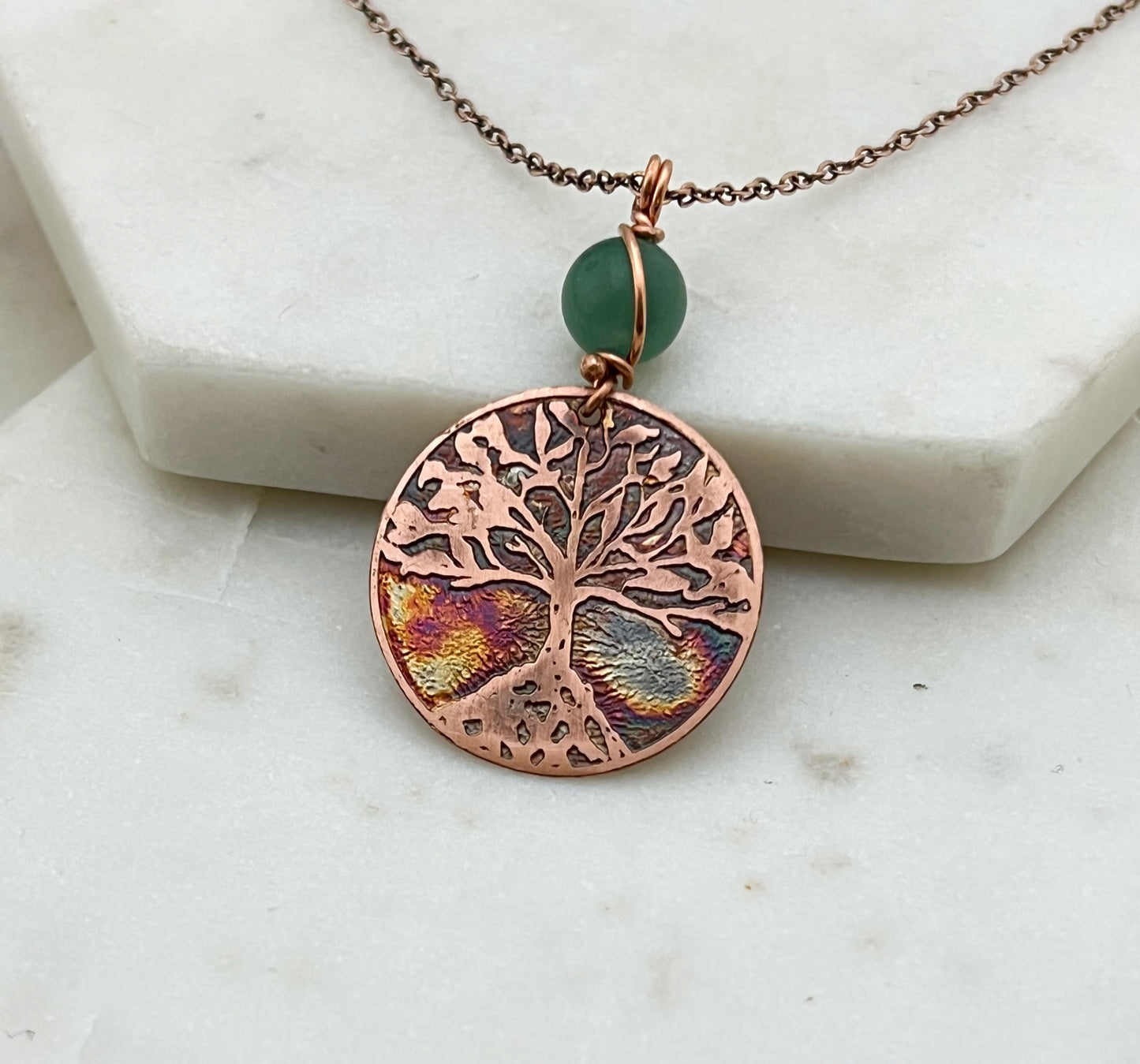 Copper and aventurine rooted tree necklace