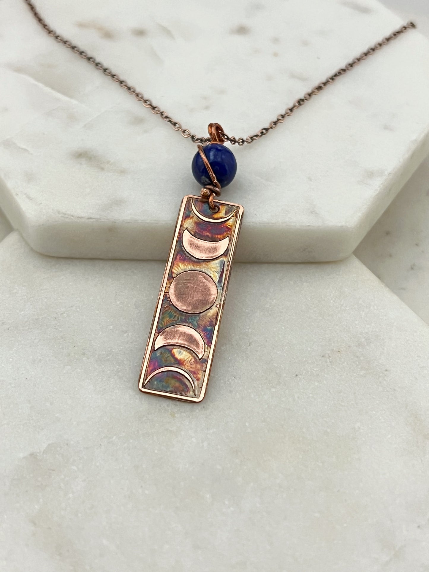 Moon phase acid etched copper necklace with lapis gemstone