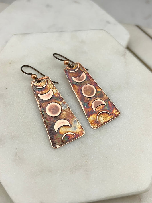 Acid etched copper moon phase earrings