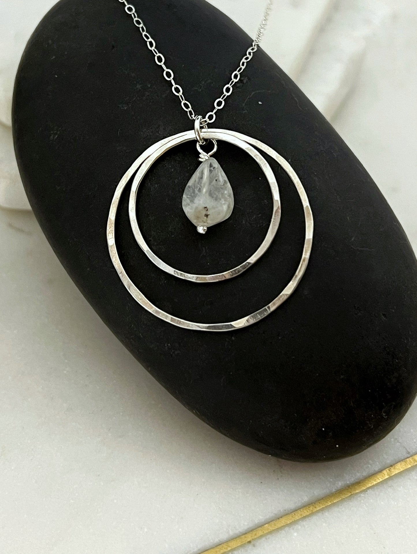 Sterling silver double hoop necklace with rainbow moonstone