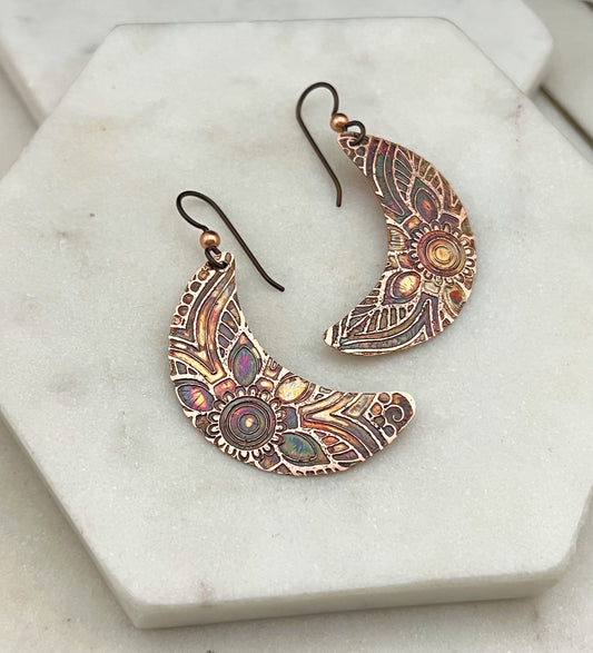 Crescent moon copper earrings