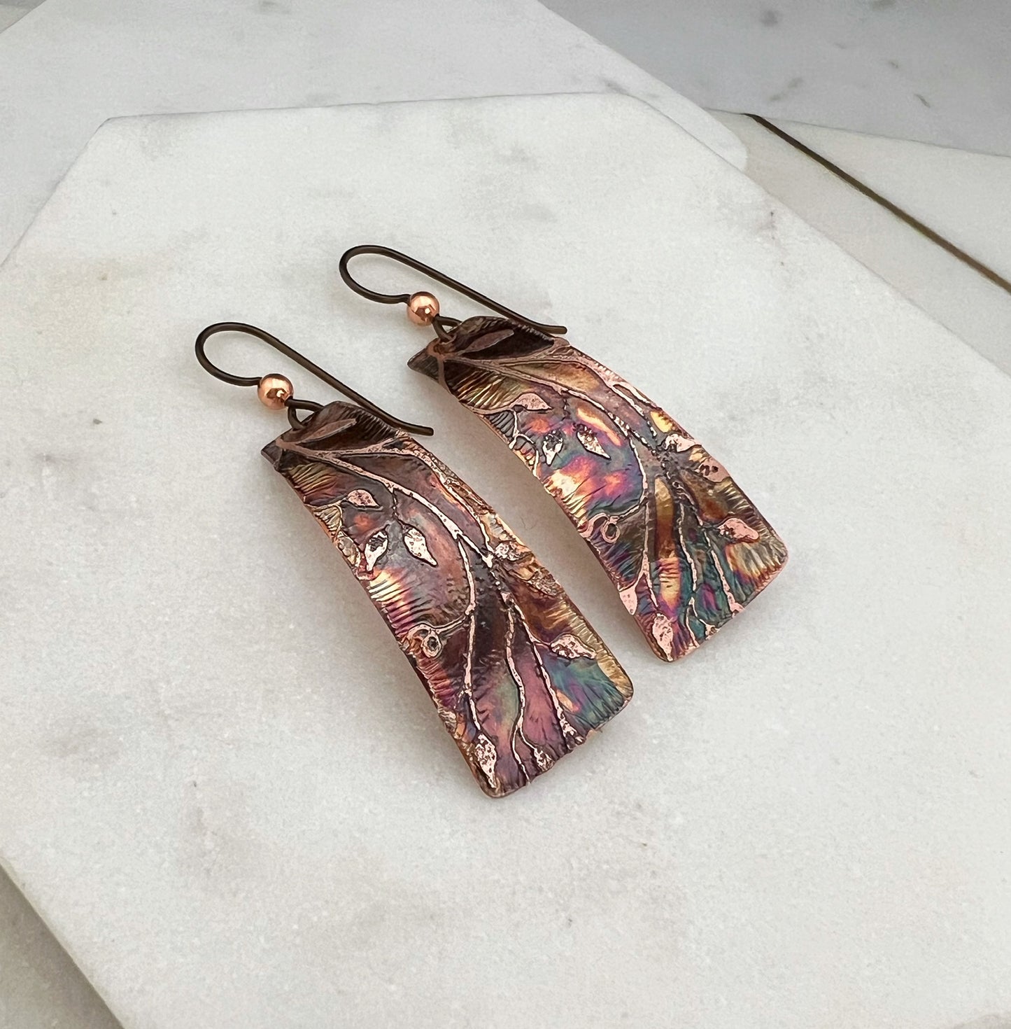 Acid etched copper irregular rectangle earrings