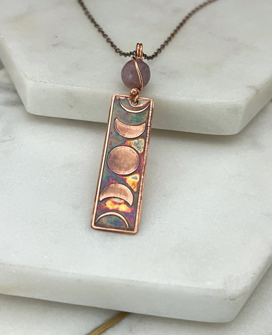 Moon phase acid etched copper necklace with lepidolite gemstone