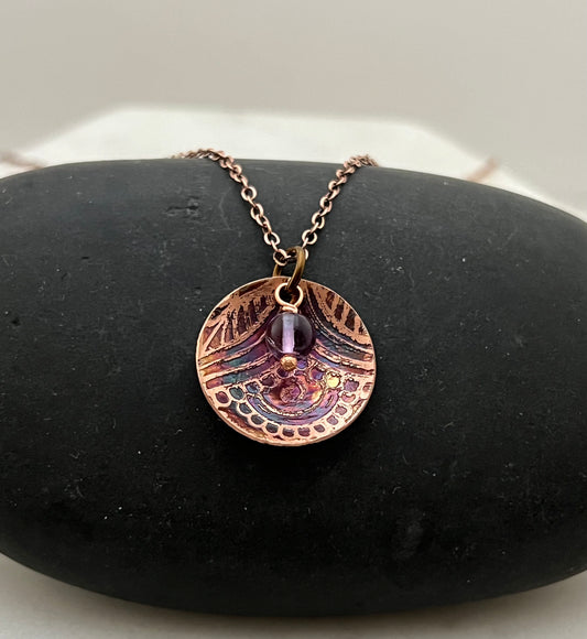 Acid etched copper necklace with amethyst gemstone (Copy)