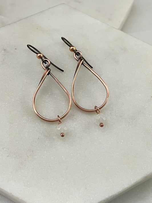 Copper teardrop hoop earrings with moonstone