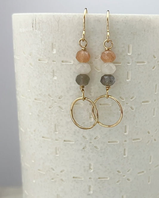 14K Gold and coffee moonstone hoops