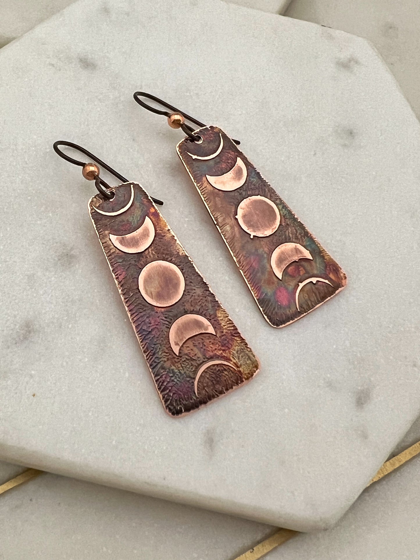 Acid etched copper moon phase earrings