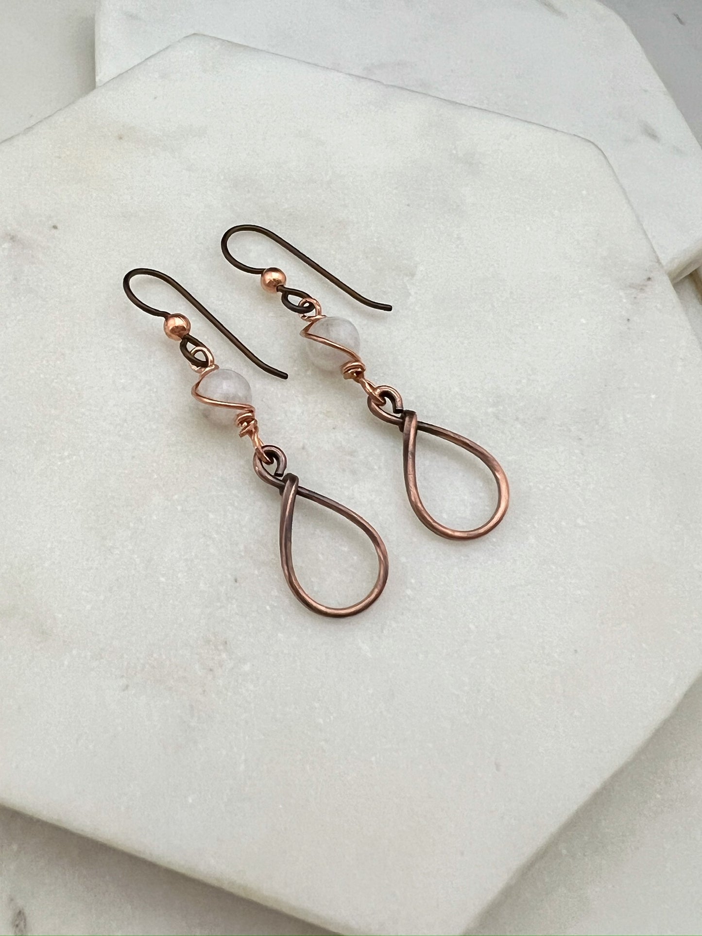 Copper teardrop hoop earrings with moonstone