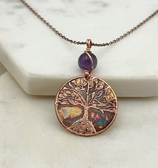 Copper and amethyst rooted tree necklace