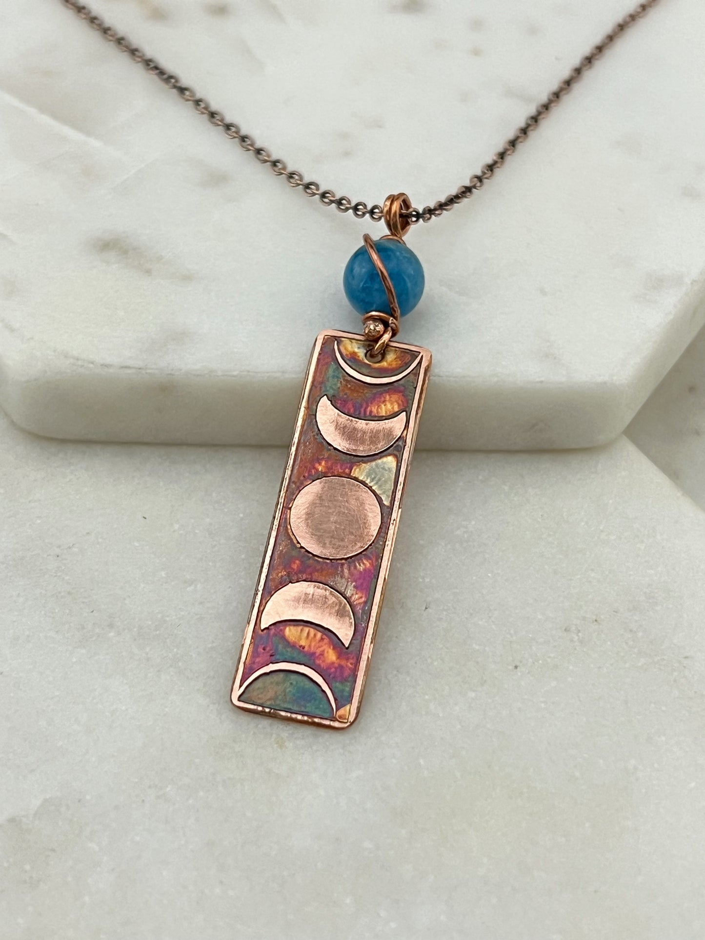 Moon phase acid etched copper necklace with apatite gemstone